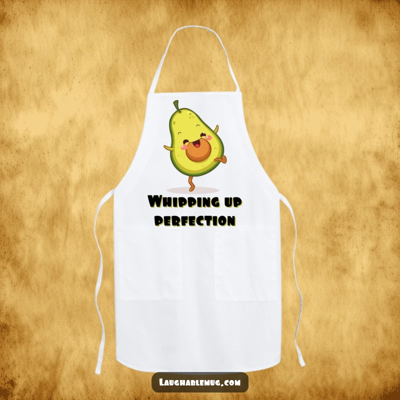 Funny apron showing a fuzzy avocado mid-cartwheel, perfect for kitchen fun and protecting clothes with a smile.