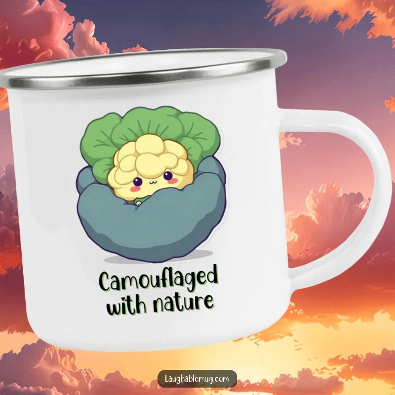 Funny Shy Broccoli Camping Mug: A durable mug featuring a shy broccoli floret character hiding behind a larger vegetable, ready for outdoor enjoyment.
