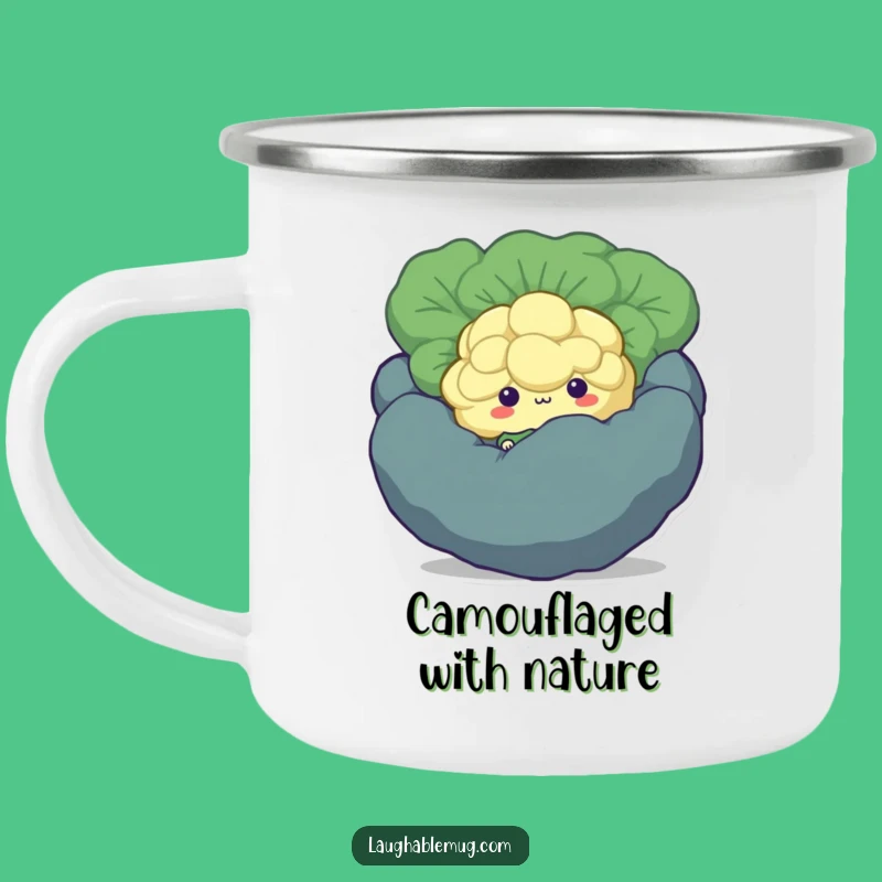 Adventure-Ready Funny Shy Broccoli Camping Mug: Hiding Floret, Humorous Gift for Outdoorsy Veggie Lovers
