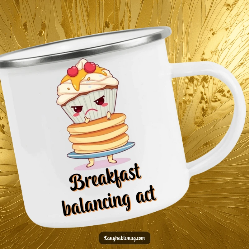 Funny camping mug showing a grumpy cupcake balancing a huge, unstable stack of pancakes, perfect for outdoor use.