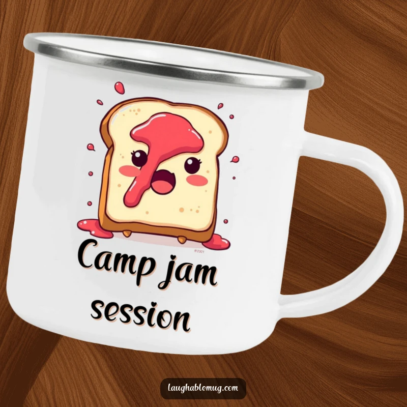 Funny camping mug with a cute toast character experiencing a surprise jam splatter, perfect for outdoor breakfast enjoyment.