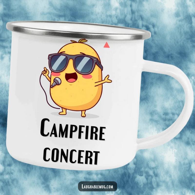 Funny camping mug depicting a singing potato wearing tiny sunglasses, performing with great enthusiasm.