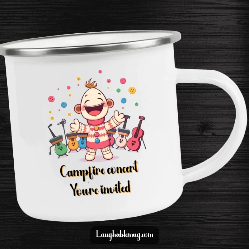 Funny camping mug featuring a cheerful sock puppet conducting a button orchestra, perfect for outdoor concerts and cheerful breaks.