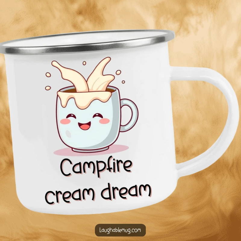 Funny camping mug with a grinning coffee mug comically pouring itself extra cream overflow, durable and humorous for outdoors. A rugged funny gift.