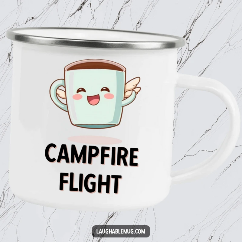 Funny camping mug with a happy coffee mug character attempting to fly with tiny wings, perfect for outdoor coffee enjoyment.