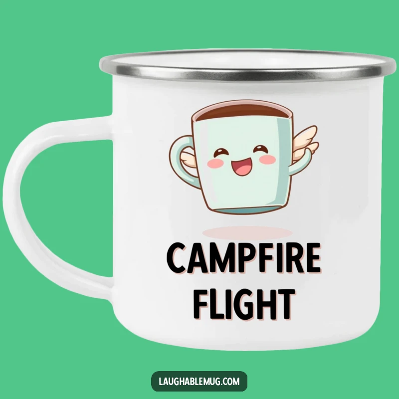 Funny Coffee Camping Mug: Happy Flying Mug Character, Humorous Outdoor Gift