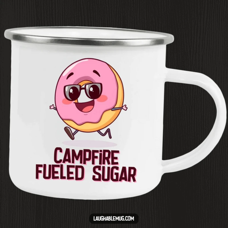 Funny camping mug with a slightly tipsy donut character stumbling with a big, goofy grin, perfect for humorous outdoor treats.