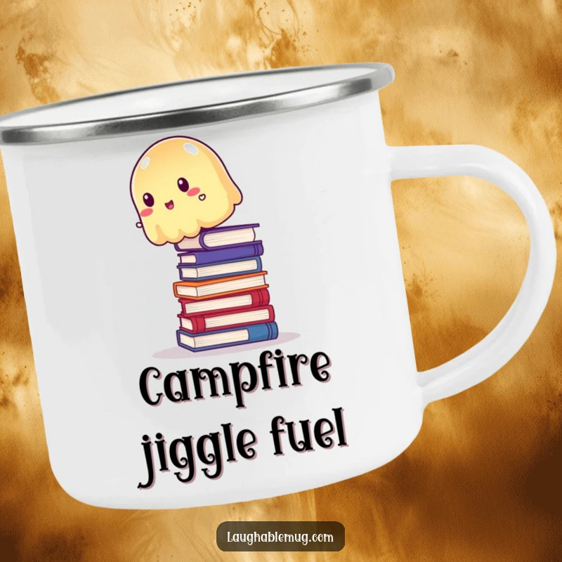 Funny Camping Mug: Wobbly jelly trying to balance precariously on a stack of books, perfect for outdoor adventures.