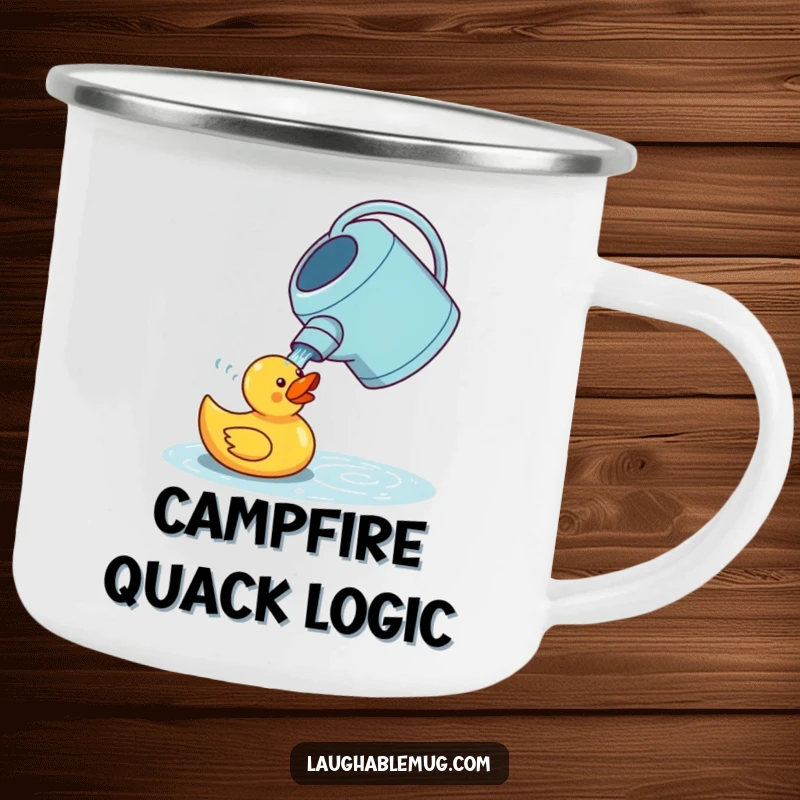 Funny camping mug showing a confused watering can attempting to water a rubber duck, designed for outdoor use and bringing lighthearted garden humor.