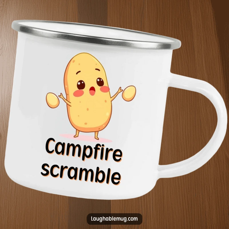 Funny camping mug with a surprised potato juggling eggs, bringing kitchen humor to outdoor breaks, an ideal funny present.