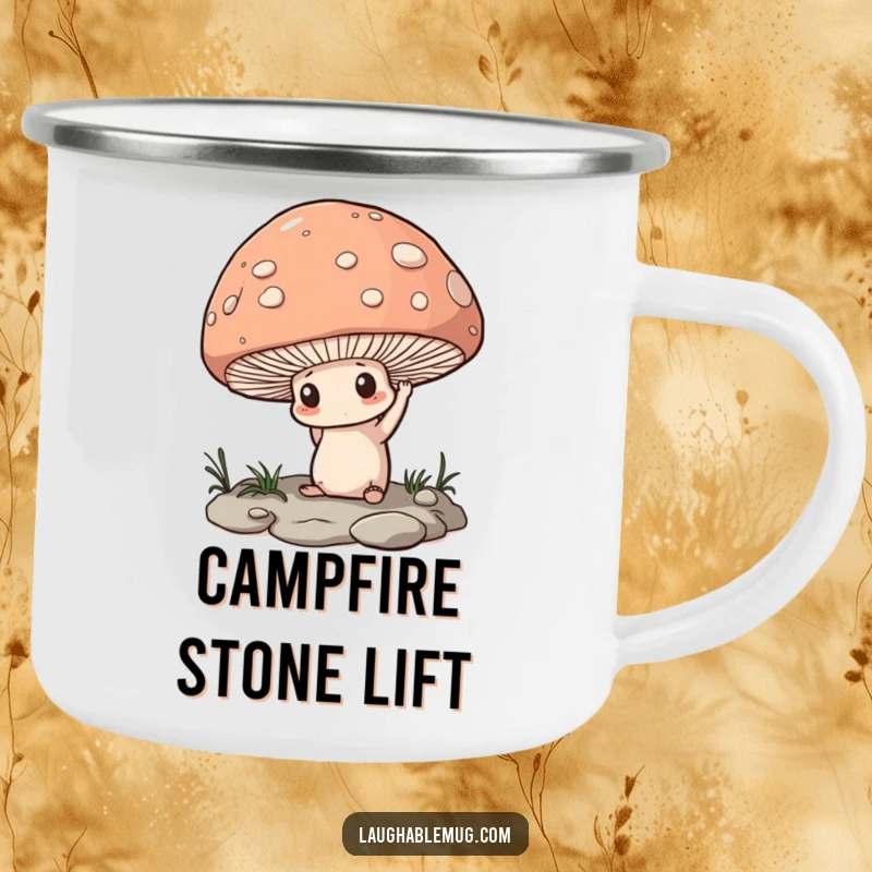 Funny Camping Mug: A determined mushroom trying to lift a large pebble, ideal for outdoor drinks with motivation.