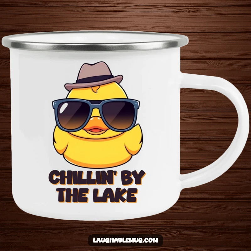 Funny Kawaii rubber ducky character in sunglasses and a fedora, ready for adventure on a durable camping mug.