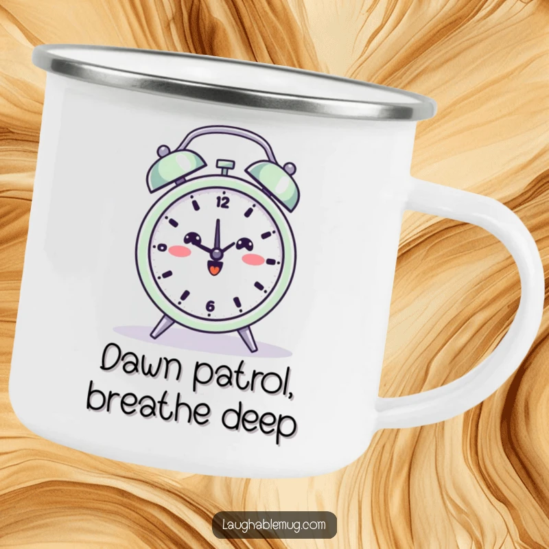 Funny camping mug featuring a beaming alarm clock in a yoga pose, designed for peaceful adventures.