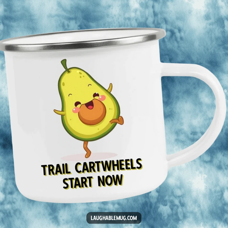 Funny camping mug with a sturdy design, featuring a fuzzy avocado enthusiastically performing a cartwheel on an outdoor adventure.