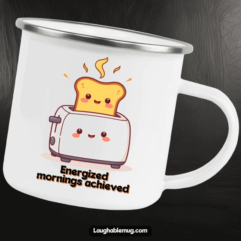 Funny camping mug showing a cheerful toast popping fast from a toaster, perfect for speedy outdoor mornings and coffee lovers.