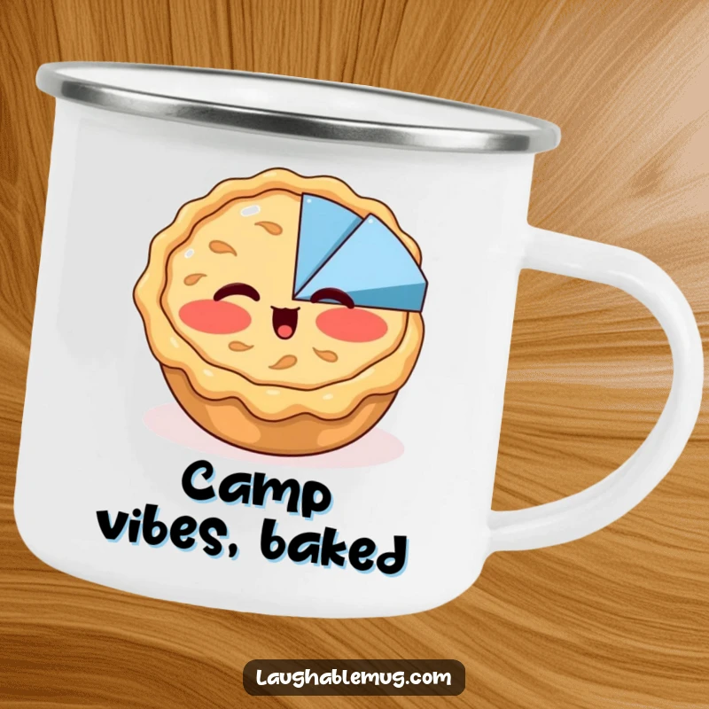 Funny camping mug showing a blushing apple pie winking at a pie chart, designed for outdoor use and bringing lighthearted dessert humor.
