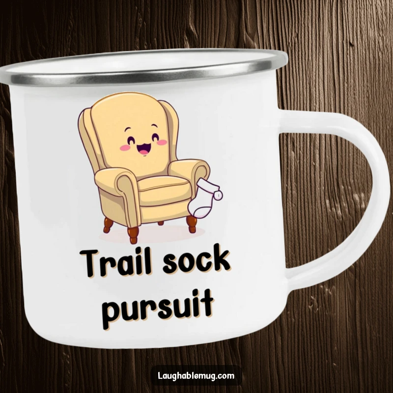 Funny camping mug showing an armchair chasing a sock, designed for outdoor use and bringing lighthearted humor to camping trips.