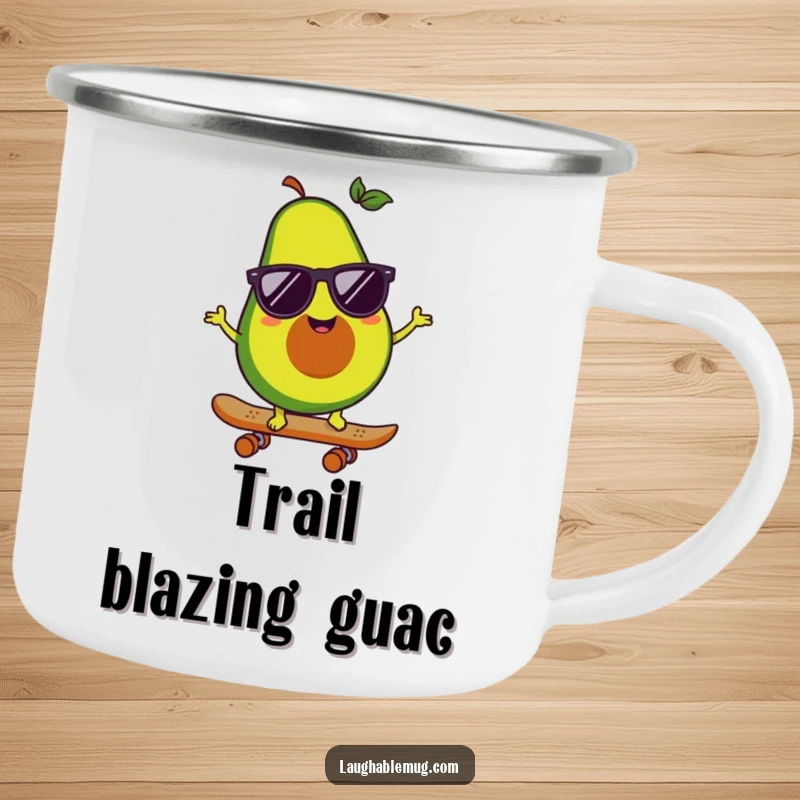 Funny camping mug with a happy avocado character in sunglasses riding a skateboard, perfect for cool outdoor coffee.