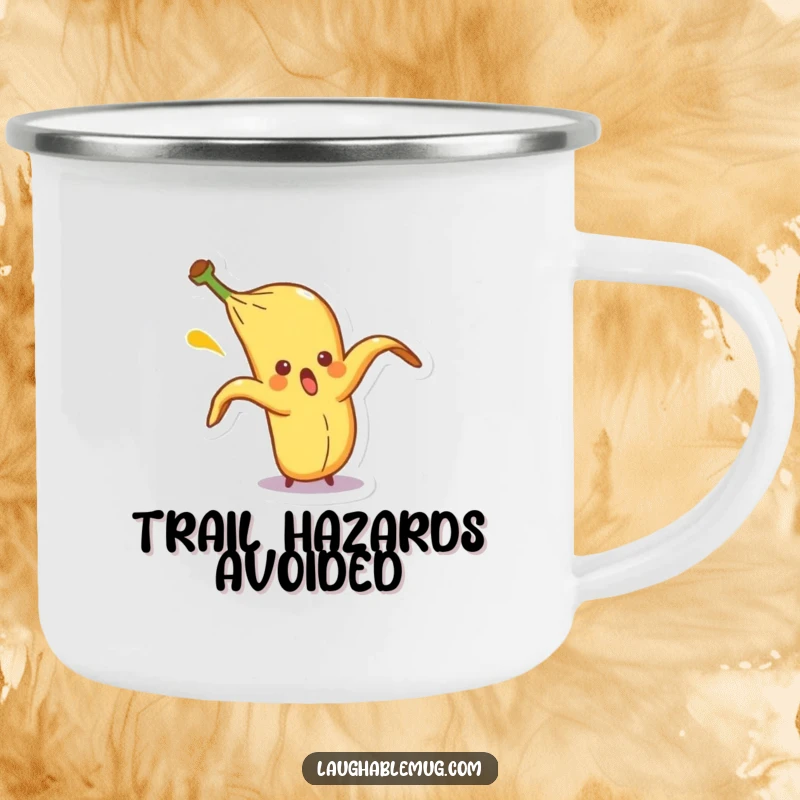 Funny camping mug with a surprised banana peel character comically slipping on itself, perfect for humorous outdoor coffee breaks.