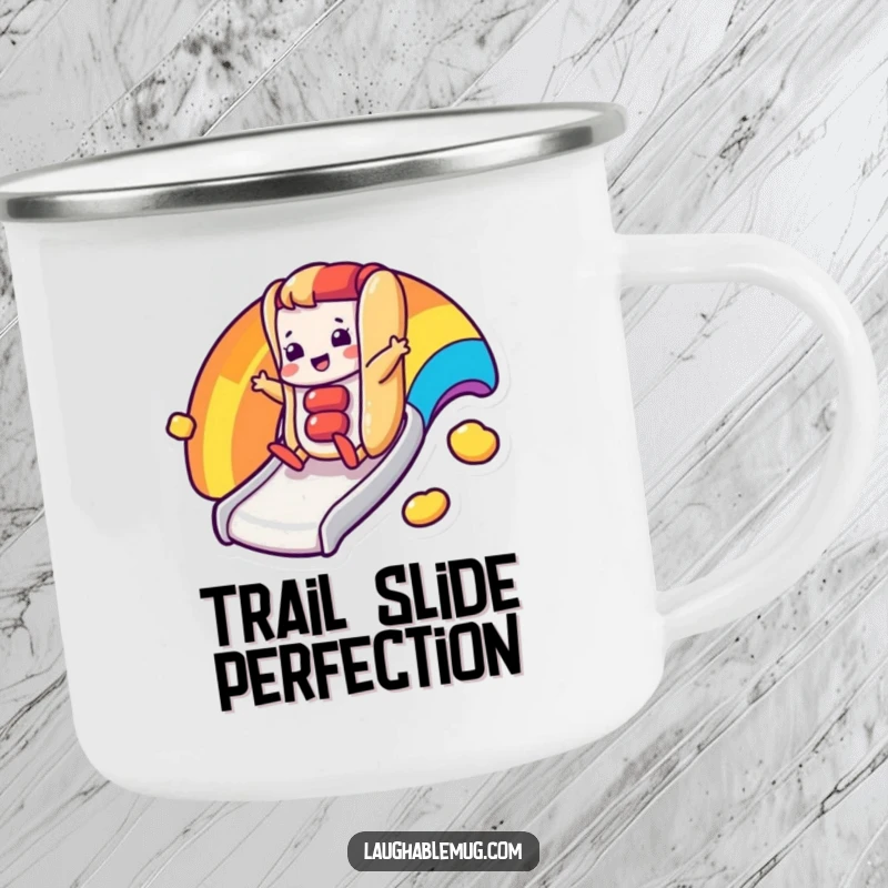Funny camping mug with a happy hot dog character sliding down a rainbow slide, perfect for cheerful campers.