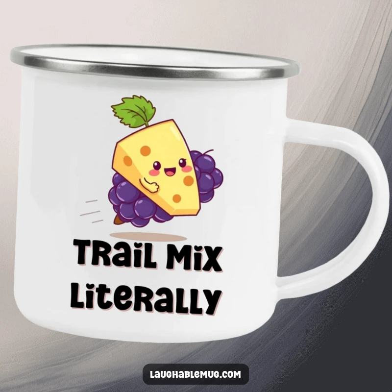 Funny camping mug featuring a playful slice of cheese riding a runaway grape, perfect for outdoor snacks and cheerful breaks.