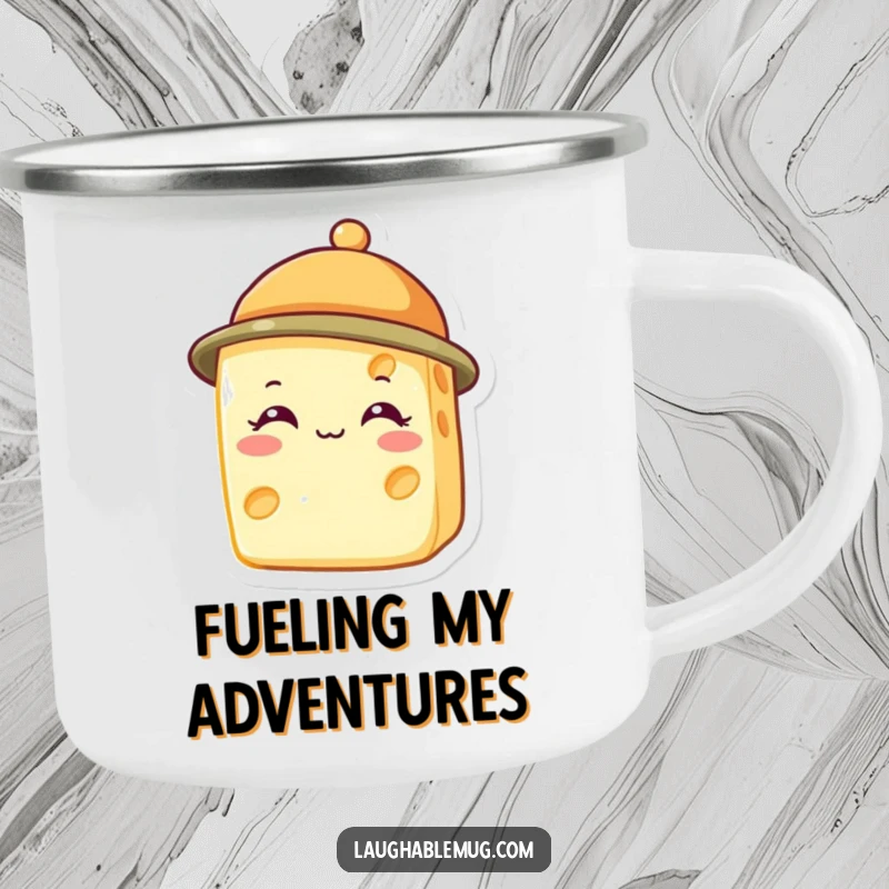 Funny camping mug with a happy cheese wedge wearing a tiny hat, perfect for outdoor fun.