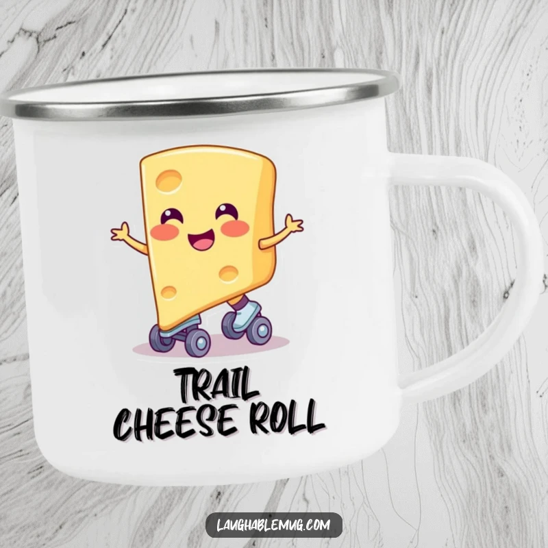 Funny camping mug with a smiling cheese slice on skates, bringing cheesy fun to outdoor breaks, an ideal funny present.