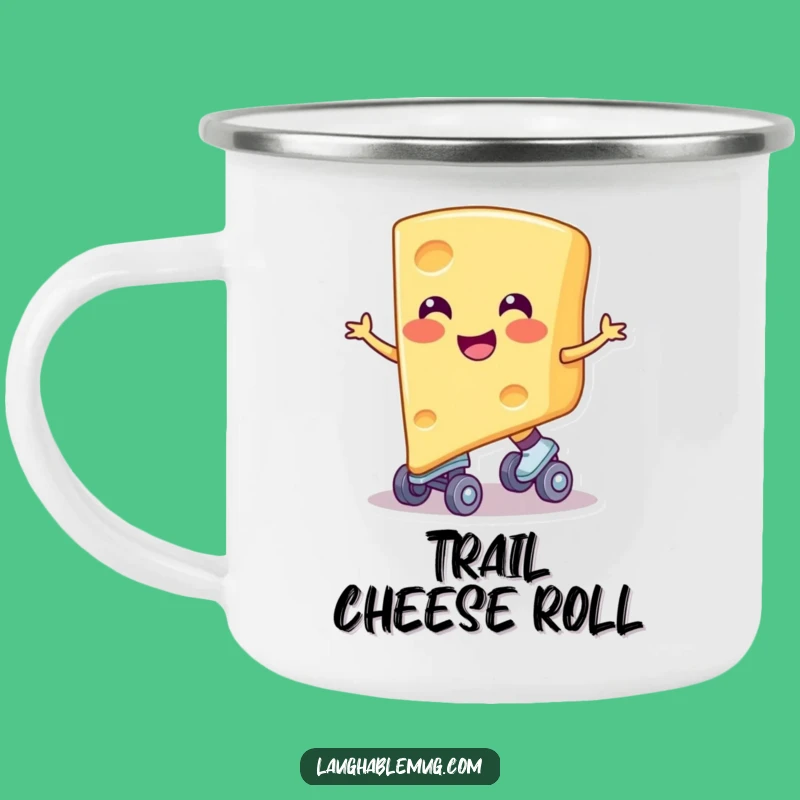 Funny Cheese Skater Camping Mug: Smiling Cheese on Wheels, Hilarious Outdoor Foodie Gift