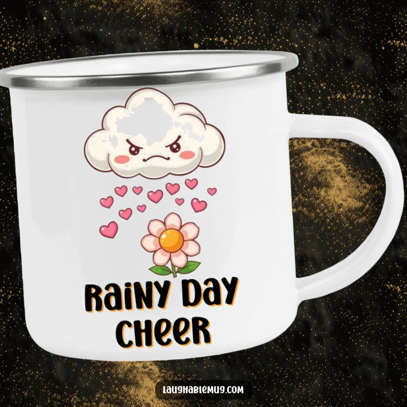 Funny camping mug featuring a grumpy cloud raining hearts, ideal for spreading love outdoors.