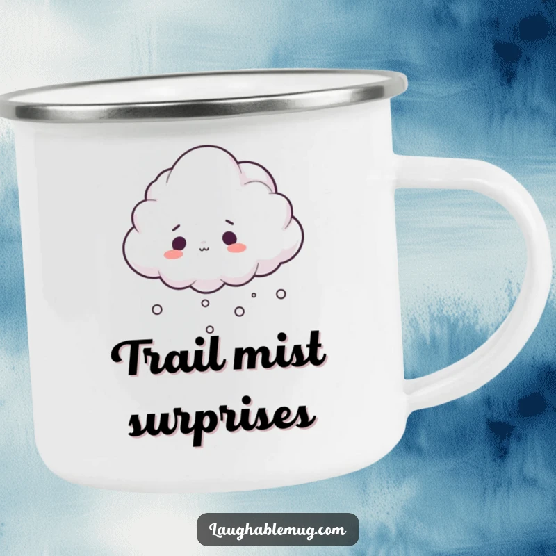 Funny camping mug showing a surprised cloud tripping over its mist, designed for outdoor fun.