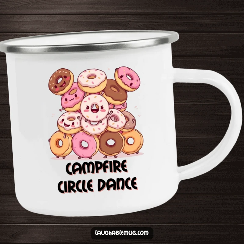 Funny camping mug: A sturdy mug with donuts hilariously attempting a synchronized dance routine, for outdoor humor.