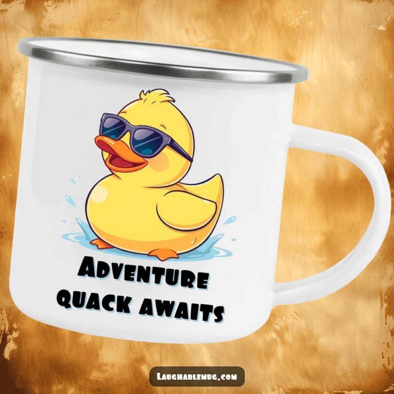 Funny camping mug showing a happy rubber ducky wearing sunglasses, splashing playfully, for outdoor fun.