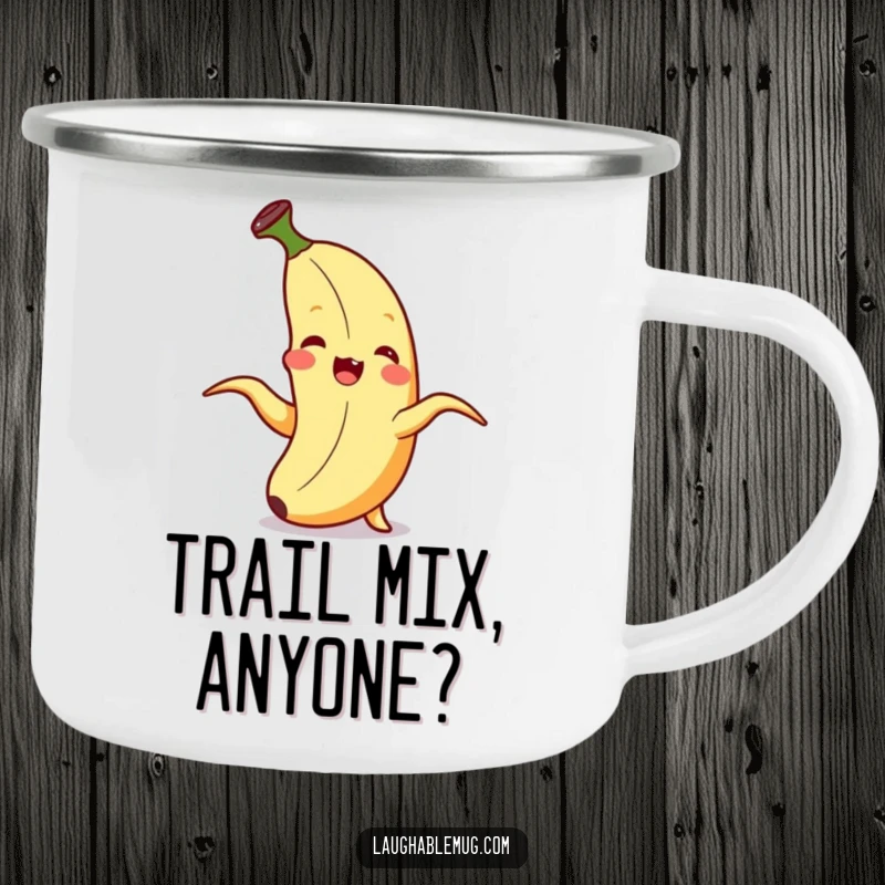Funny Camping Mug: A banana giggles as it peels itself, a delightful and humorous companion for outdoor drinks.