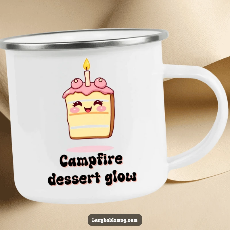 Funny Camping Mug: Giggling slice of cake balancing a single candle on its nose, perfect for outdoor celebrations.