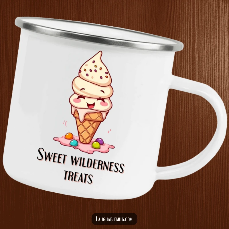 Funny camping mug with a giggling ice cream cone spilling toppings, perfect for outdoor fun.