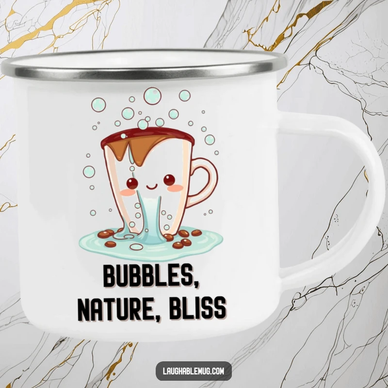 Funny Kawaii camping mug showing a coffee cup character spilling bubbles, perfect for bubbly outdoor adventures.