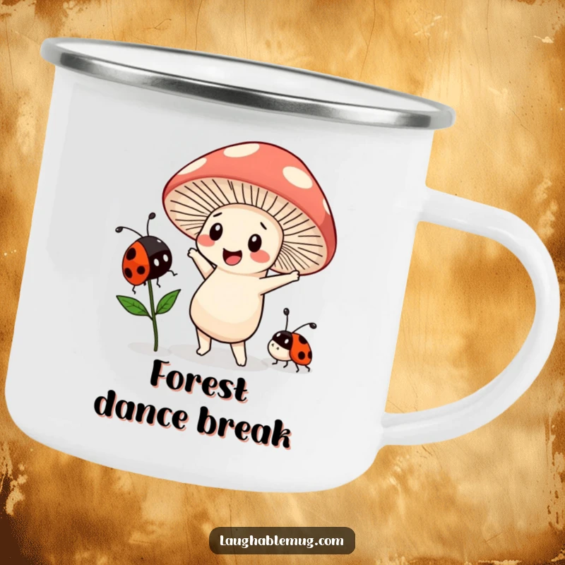 Funny Kawaii camping mug showing a mushroom character dancing with a ladybug, perfect for bubbly outdoor adventures.