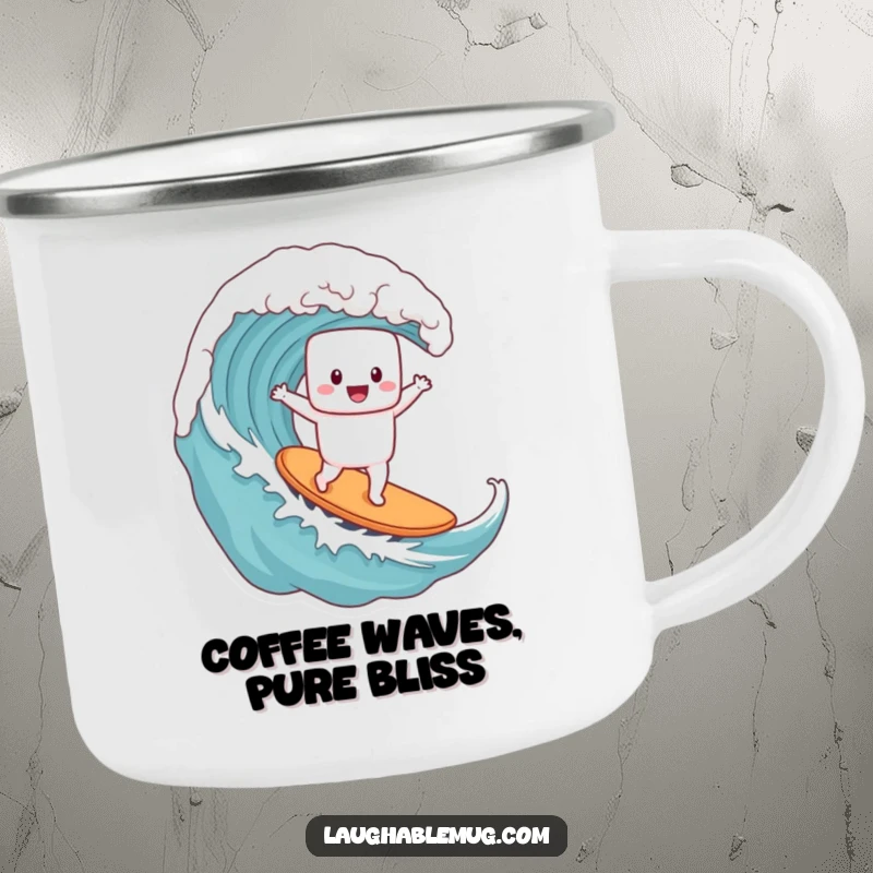 Funny camping mug showing a brave marshmallow character surfing a coffee wave, ideal for outdoor adventures and hot beverages.