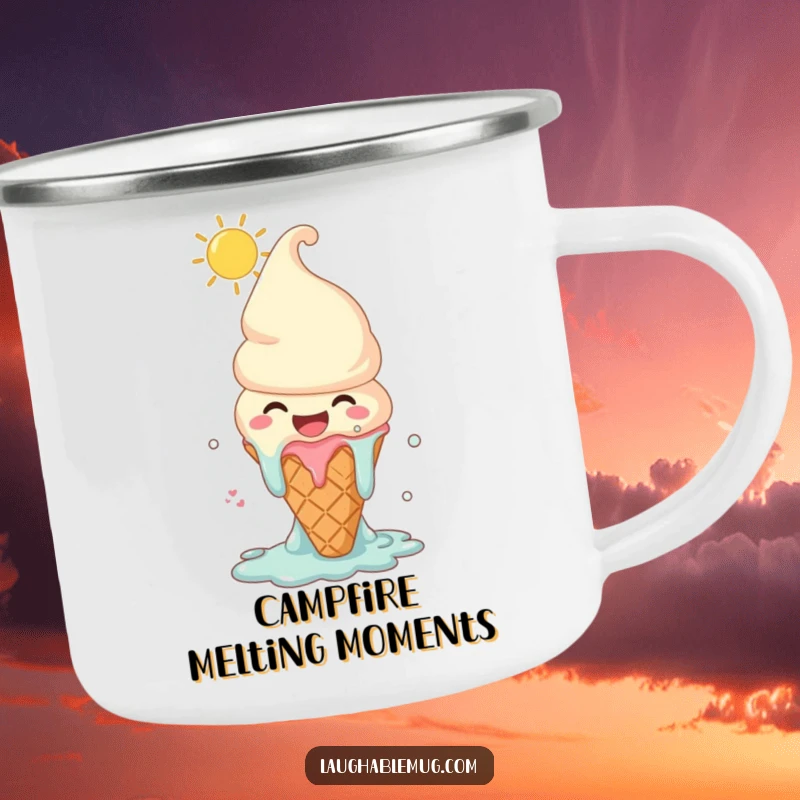 Funny camping mug with a melting ice cream cone character laughing joyously under the sun, perfect for sweet summer camp moments.