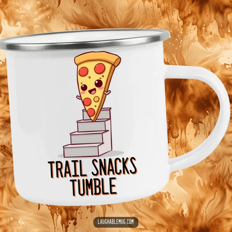 Funny camping mug showing a pizza slice comically sliding down stairs, designed for outdoor enjoyment.