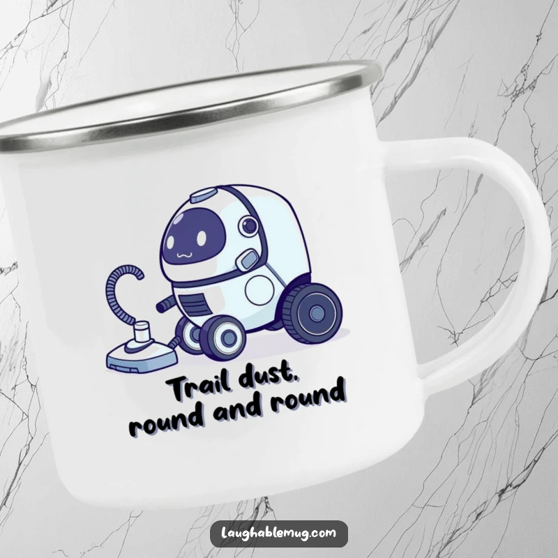 Funny camping mug featuring a clumsy robot vacuum cleaner chasing its tail, designed for outdoor fun.