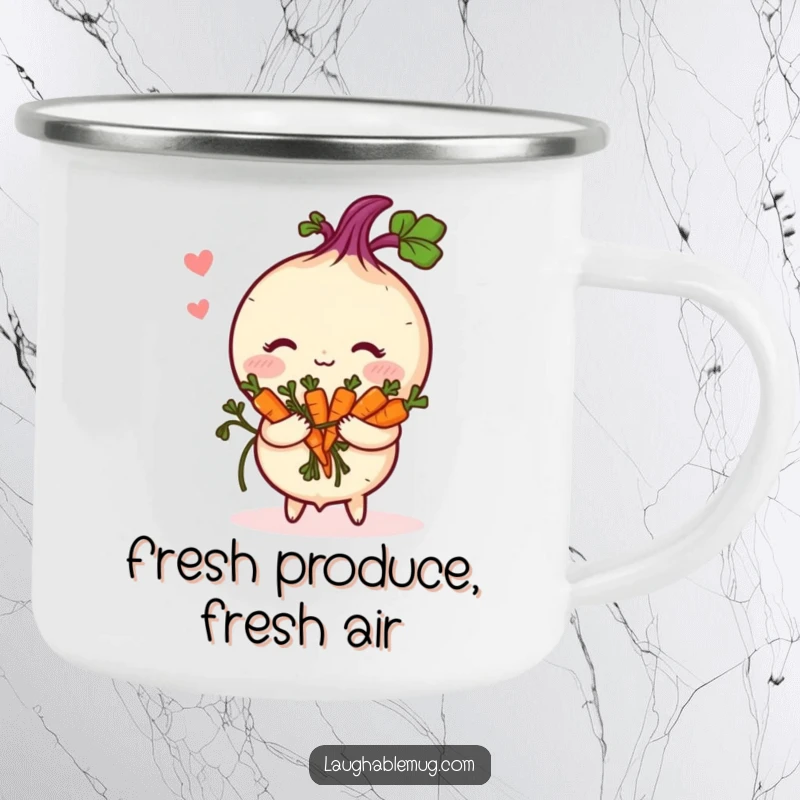 Funny Camping Mug: A shy turnip blushing holds a bouquet of carrots, ideal for outdoor drinks with bashful charm.