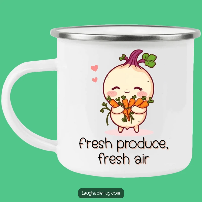 Funny Shy Turnip Camping Mug, Sturdy Blushing Vegetable with Carrot Bouquet Cup