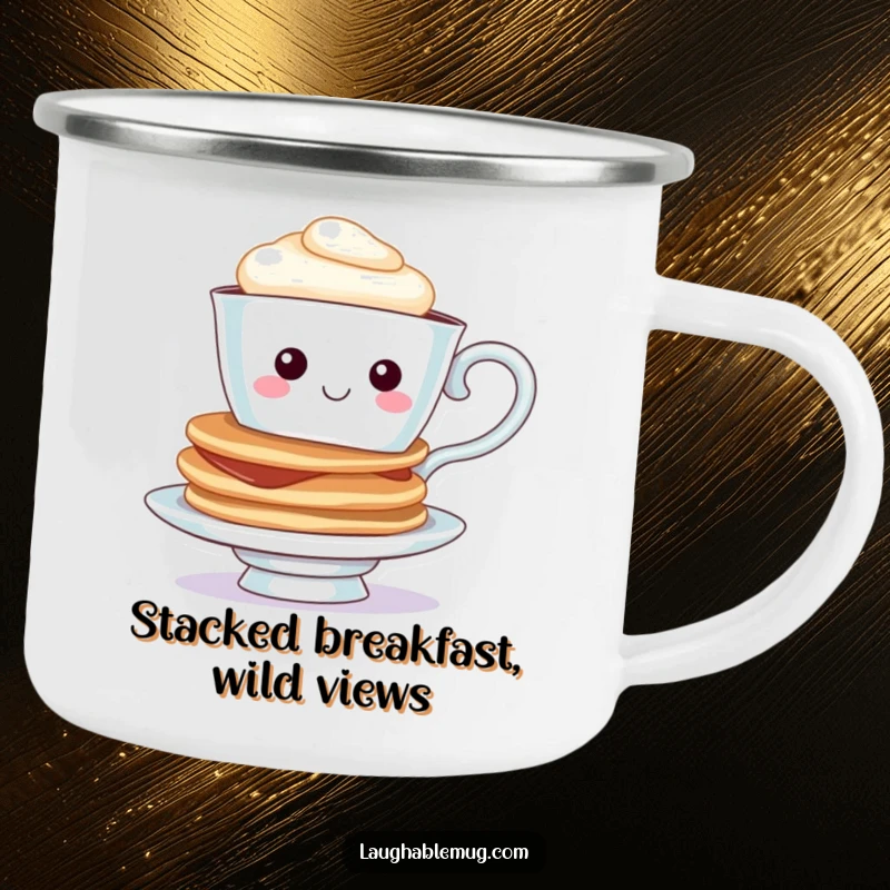Funny Teacup Pancake Camping Mug: A cheerful teacup character balancing pancakes, perfect for enjoying breakfast and humor in the great outdoors.