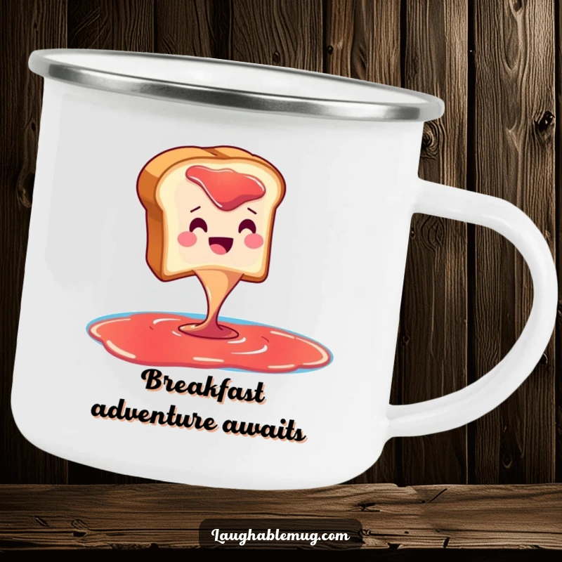 Funny camping mug showing a toast character diving into jam, perfect for outdoor beverage enjoyment.