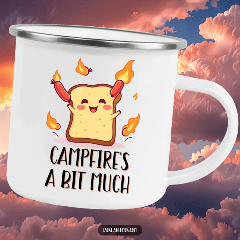 Funny camping mug: A sturdy mug with a toast slice juggling flaming sausages, bringing humor to outdoor settings.