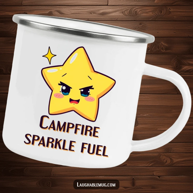 Funny Camping Mug: Mischievous star attempting to wink with exaggerated sparkle, perfect for outdoor cosmic fun.