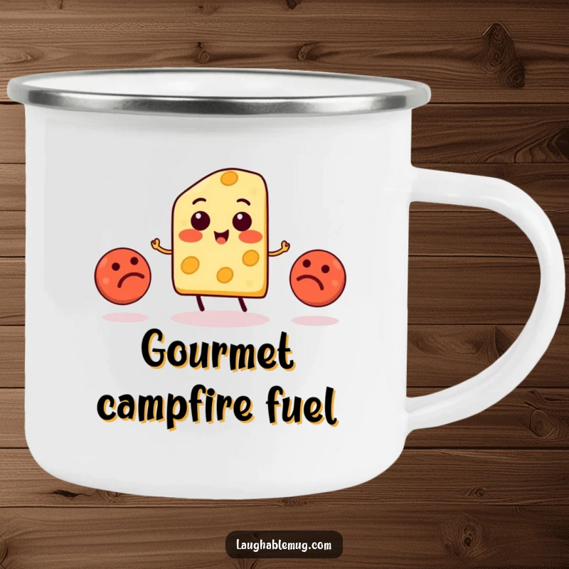 Funny Cheese Juggling Meatball Camping Mug: A cheese slice character comically juggles three meatballs, built for rugged outdoor laughs.