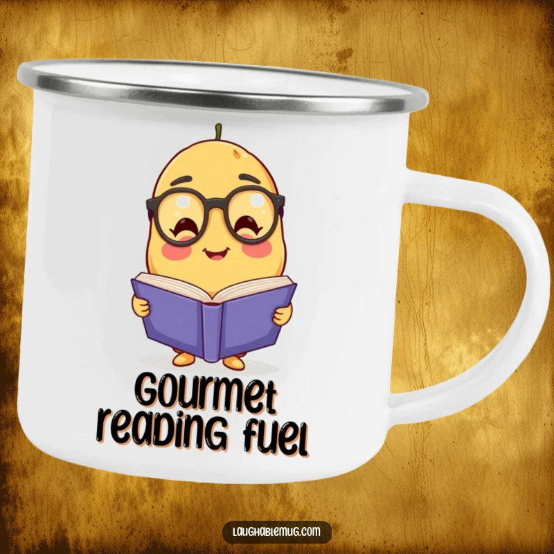 Funny Potato Scholar Camping Mug: A durable mug showing a friendly potato character with glasses reading a book, ready for outdoor adventures.