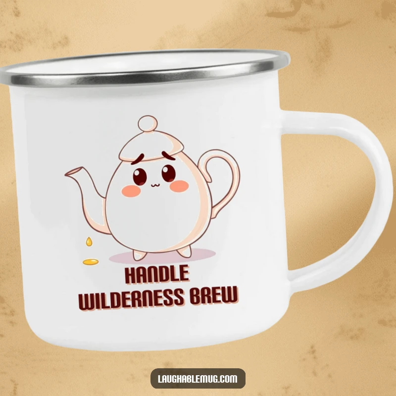 Funny Camping Mug: A surprised teapot pours tea onto its handle, offering a humorous and durable mug for outdoor tea lovers.